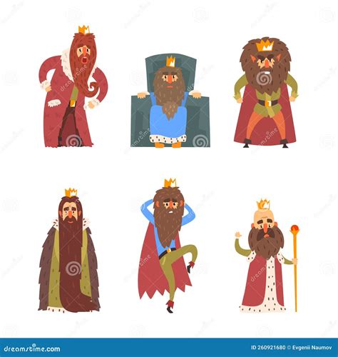 Funny Bearded King Characters Wearing Golden Crown Mantle And With