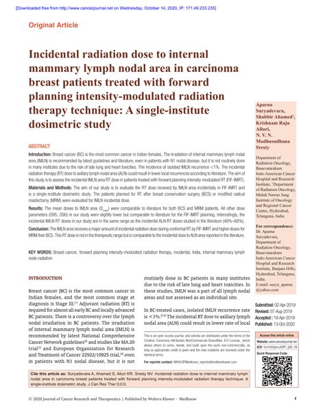 PDF Incidental Radiation Dose To Internal Mammary Lymph Nodal Area In