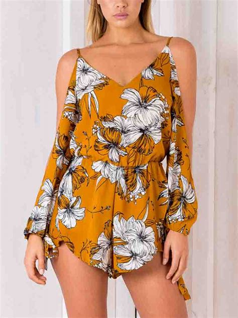 Orange V Neck Floral Split Sleeve Strap Romper Playsuit Choies