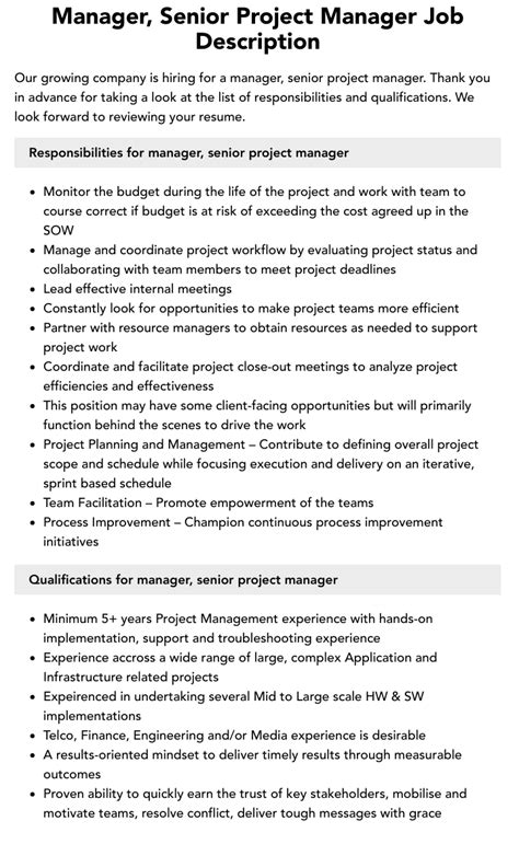 Manager Senior Project Manager Job Description Velvet Jobs