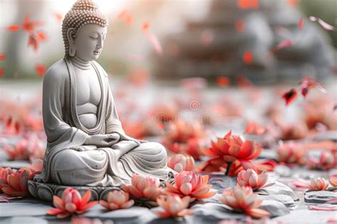 Buddha Statue In Meditation Surrounded By Lotus Flowers A Symbol Of