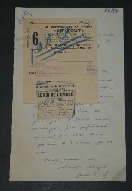 Jean Loisy Po Te Lettre Autographe Sign E Au Courrier De La Presse