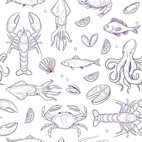 Premium Vector Seafood Seamless Pattern Set Of Vector Sketch