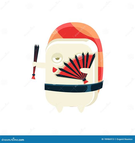 Funny Maki Sushi Character Dancing With Fans Stock Vector