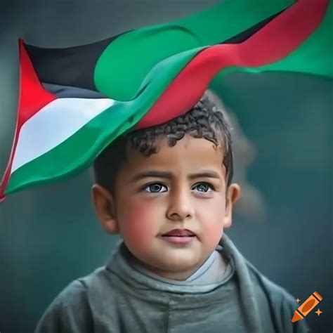 Palestinian child proudly raising a flag