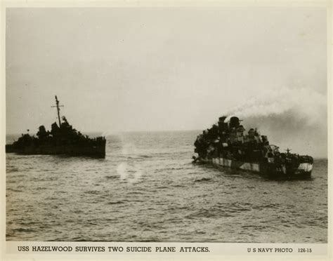 USS Hazelwood after kamikaze attacks off the coast of Okinawa, Japan ...