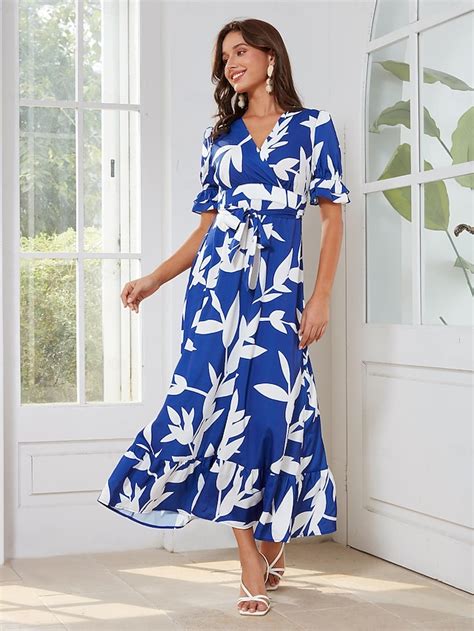 Femme Robe élégante Robe Maxi Bleu Roi Manche Courte A Fleur Couleur