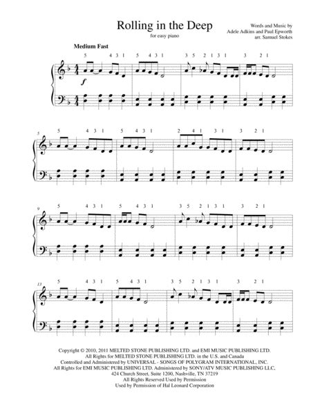 Rolling In The Deep Arr Samuel Stokes By Adele Sheet Music For Easy Piano At Sheet Music Direct