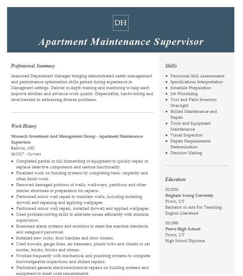 Apartment Assistant Maintenance Supervisor Resume Example