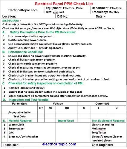 Electrical Panel Preventive Maintenance Checklist