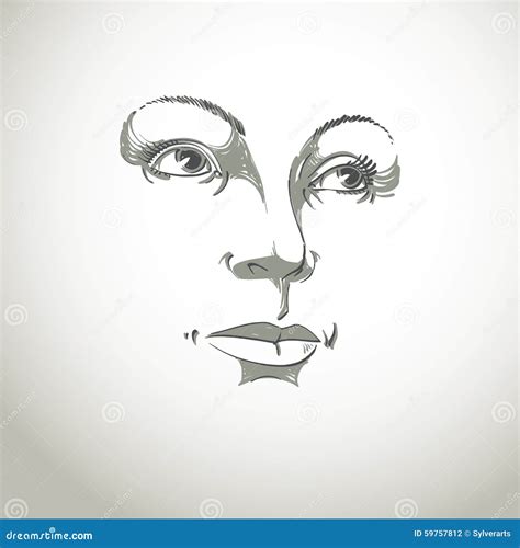 Black And White Illustration Of Lady Face Delicate Visage Stock Vector