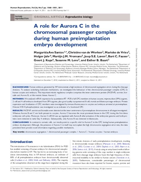 Pdf A Role For Aurora C In The Chromosomal Passenger Complex During Human Preimplantation