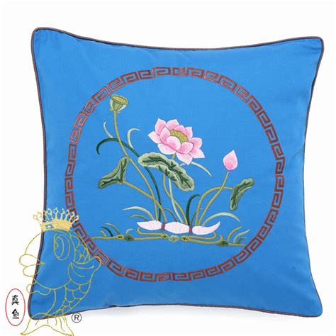 45 45cm Handmade Chinese Style Embroidered Lotus 100 Cotton Blue