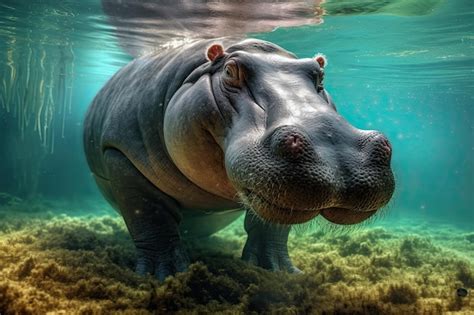 Hippopotame Nageant Sous L Eau En Gros Plan Photo Premium