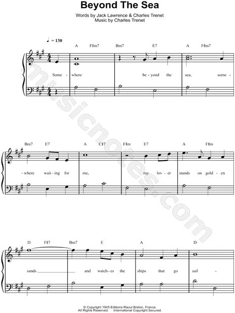 Bobby Darin Beyond The Sea Sheet Music Easy Piano In A Major Transposable Download