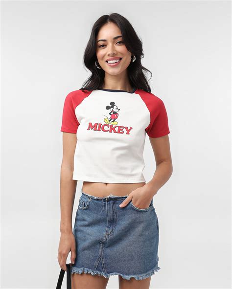 Riachuelo Camiseta Cropped Mickey Raglan Branca Disney