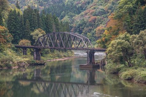 Tadami river with bridge stock image. Image of forest - 107351105