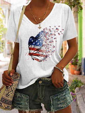 Casual Butterfly V Neck Short Sleeve T Shirt Noracora