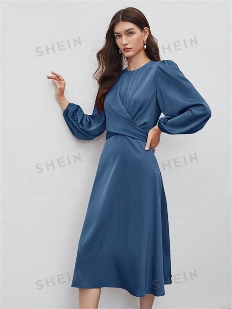 Shein Bizwear Ladies Solid Color Lantern Sleeve Wrap Tie Dress For