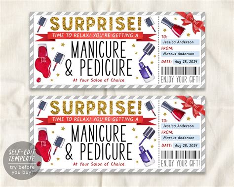 Mani Pedi Ticket Editable Template Surprise Manicure Pedicure Gift