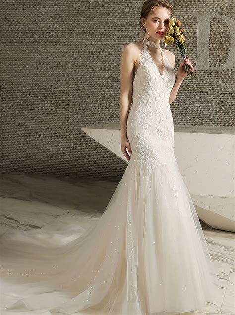 Halter Neckline Backless Trumpet Wedding Dress Comelyme