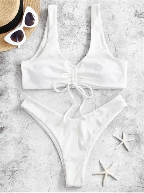 Off Zaful Ribbed Cinched High Leg Bikini Swimsuit In White