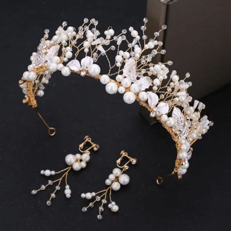 Chic Beautiful Gold Bridal Jewelry Metal Tiara Earrings Ivory