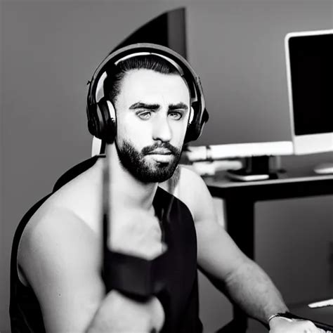 Black And White Photo Of Gigachad With Gaming Headset Stable