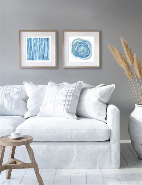 Blue Coastal Wall Art Set Of 2 Abstract Ocean Prints Beach Etsy