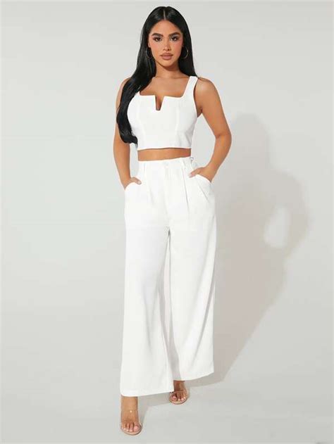 SHEIN PETITE Notched Neck Crop Tank Top Wide Leg Trousers SHEIN UK