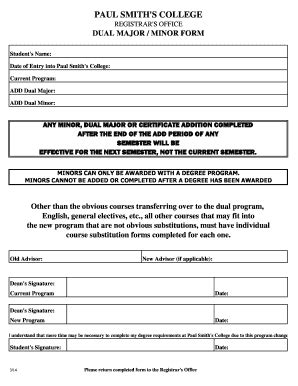 Fillable Online Paulsmiths Registrars Office Dual Major Minor Form Fax