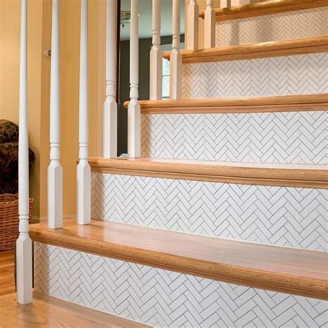 Peel And Stick Stair Riser Stickers Gray Herringbone Etsy Vinyl Stair