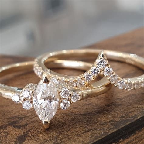 Wedding Ring Set Marquise Diamond 14k Yellow Gold Matching Etsy