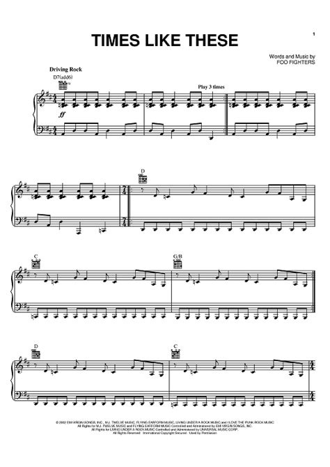 Times Like These" Sheet Music by Foo Fighters for Piano/Vocal/Chords - Sheet Music Now