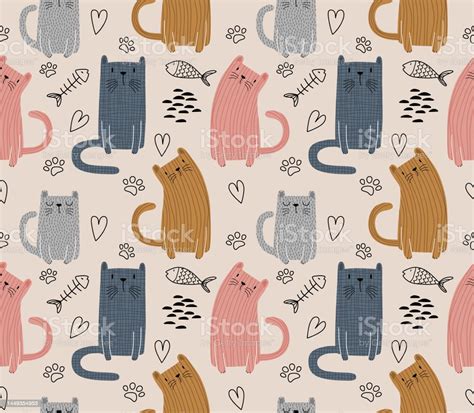 Cute Cat Seamless Pattern Vector Illustration Stock Illustration