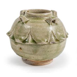 Chinese Celadon Glazed Four Lugged Jar With Lotus Petal Motif