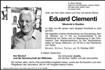 Traueranzeigen Von Eduard Clementi Trauer Bz