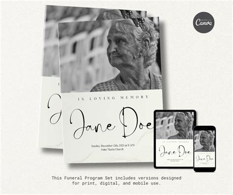 Editable Funeral Program Canva Template Set , Minimal Memorial Program ...