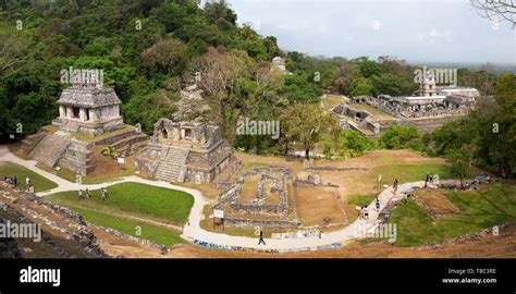 Palenque Mexico A Panorama Of The Mayan Ruins With From Left Temple