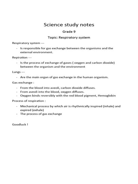 Science Study Notes Respiratory System Pdf