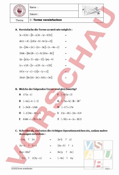 Arbeitsblatt Terme Vereinfachen Mathematik Algebra