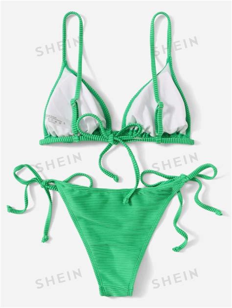 Shein Shein Swim Conjunto De Bikini Acanalado Sujetador Triangular Con