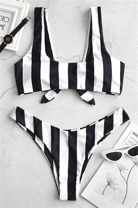 Zaful Knot Striped Bikini Set Black Bright Orange Deep Green Light Sky