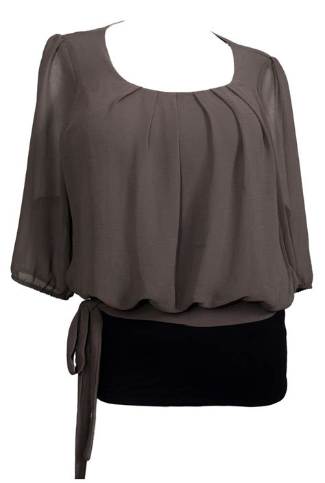 Plus Size Sheer Chiffon Scoop Neck Blouse Gray Evogues Apparel