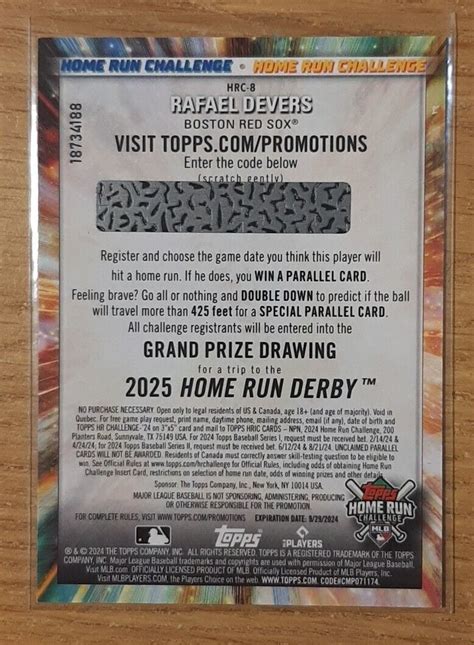 2024 TOPPS HOME RUN CHALLENGE UNSCRATCHED RAFAEL DEVERS 8 BOSTON RED