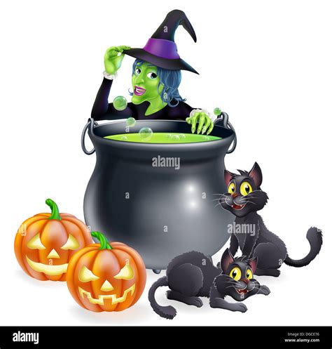 A Cartoon Halloween Scene With Witch Tipping Her Hat And Cooking A