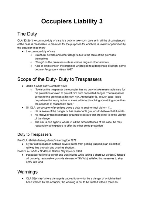 Lecture 8 Tort Occupiers Liability Occupiers Liability 3 The Duty