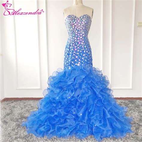 Alexzendra Crystals Blue Mermaid Prom Dresses Sweetheart Rhinestone Colorful Beads Evening