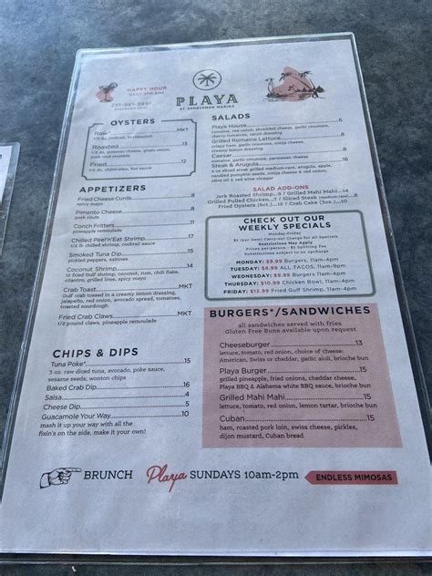 Menu at Playa Restaurant, Orange Beach