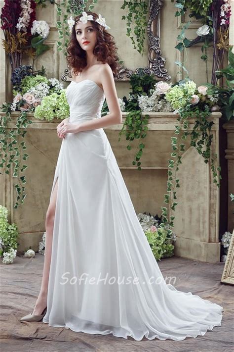 Sheath Strapless High Slit Corset Back Chiffon Beach Wedding Dress